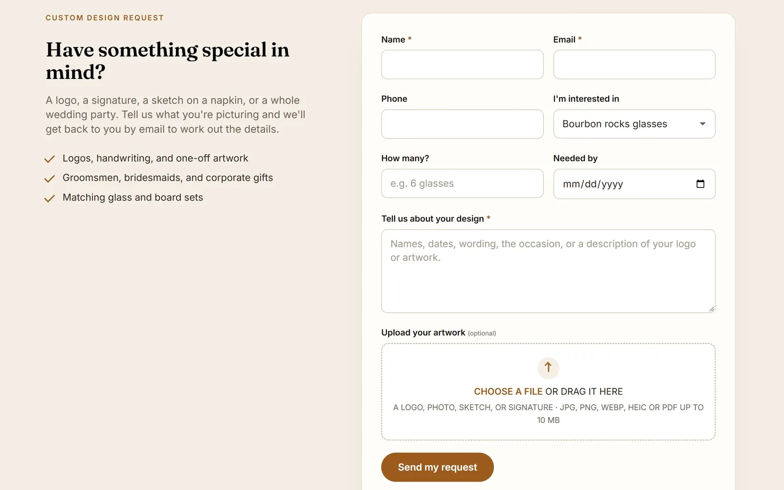 Custom design request form with artwork upload
