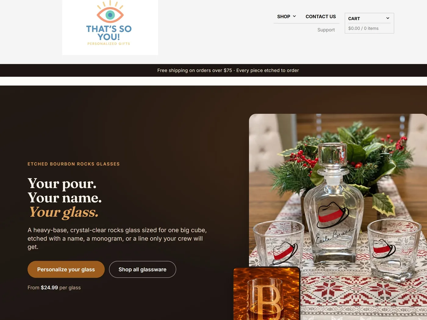 That's So You homepage hero with etched bourbon rocks glasses and decanter