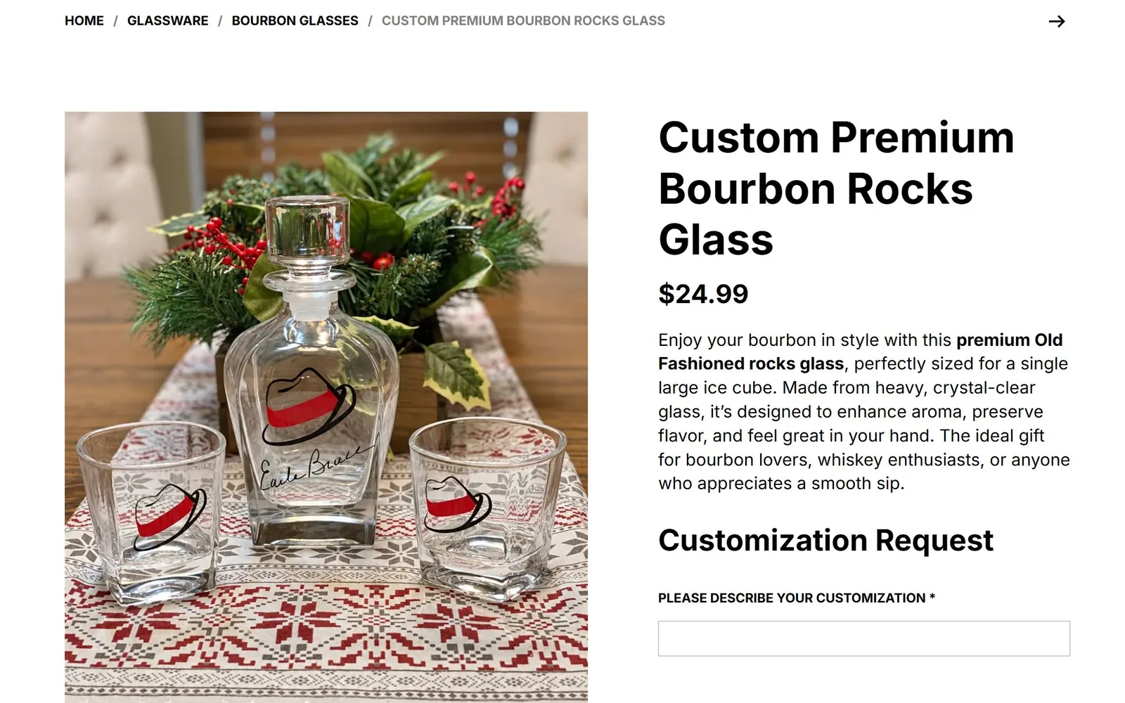 Custom premium bourbon rocks glass product page with customization request